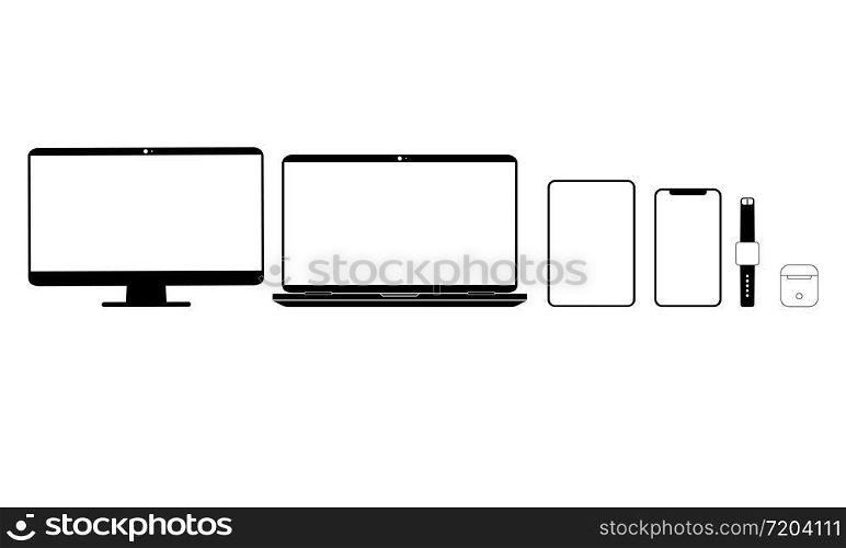 New device icon set in black: smartphone, laptop, computer monitor, tablet, headphones and smart watch on isolated white background. EPS 10 vector.. New device icon set in black: smartphone, laptop, computer monitor, tablet, headphones and smart watch on isolated white background. EPS 10 vector
