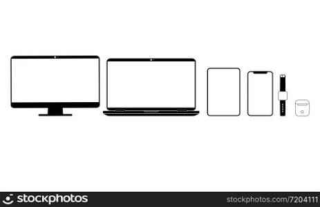 New device icon set in black: smartphone, laptop, computer monitor, tablet, headphones and smart watch on isolated white background. EPS 10 vector.. New device icon set in black: smartphone, laptop, computer monitor, tablet, headphones and smart watch on isolated white background. EPS 10 vector