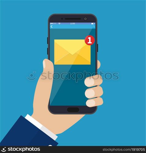 New email notification on mobile phone , smartphone screen with new unread e-mail message and read mail envelope icons. Vector illustration in flat style. New email notification on mobile phone