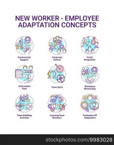 New employee adaptation concepts icons set. Process of helping workers idea thin line RGB color illustrations. Applicable and productive. Vector isolated outline drawings. Editable stroke. New employee adaptation concepts icons set