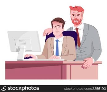New employee coaching semi flat RGB color vector illustration. Office workers. Trigger for anxiety. Strict senior supervisor with new employee isolated cartoon characters on white background. New employee coaching semi flat RGB color vector illustration