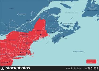 New England region detailed editable map with cities and towns, geographic sites, roads, railways, interstates and U.S. highways. Vector EPS-10 file, trending color scheme. New England detailed editable map