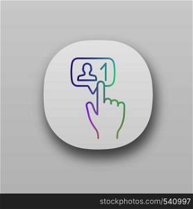 New follower button click app icon. UI/UX user interface. Web or mobile application. Social media subscriber. New friend. Hand pressing button. Vector isolated illustration. New follower button click app icons set