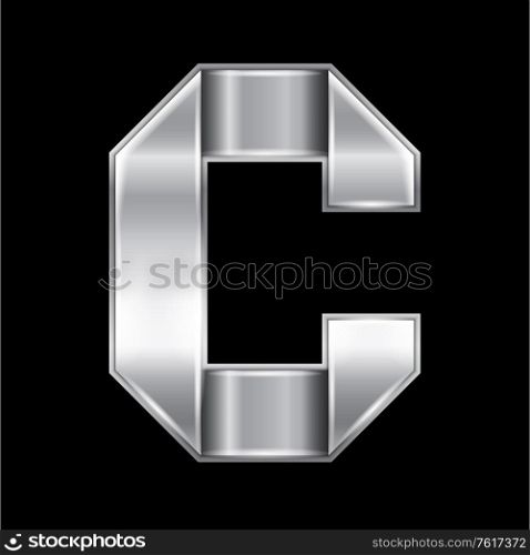 New font folded from a silver metallic ribbon. Trendy roman alphabet, gray vector letter C on a black background, 10eps. Letter from metal silver ribbon
