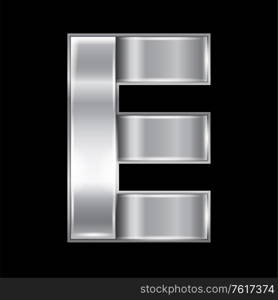New font folded from a silver metallic ribbon. Trendy roman alphabet, gray vector letter E on a black background, 10eps. Letter from metal silver ribbon