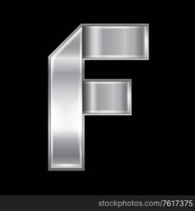 New font folded from a silver metallic ribbon. Trendy roman alphabet, gray vector letter F on a black background, 10eps. Letter from metal silver ribbon