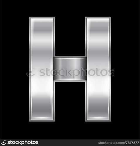 New font folded from a silver metallic ribbon. Trendy roman alphabet, gray vector letter H on a black background, 10eps. Letter from metal silver ribbon