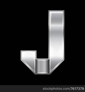New font folded from a silver metallic ribbon. Trendy roman alphabet, gray vector letter J on a black background, 10eps. Letter from metal silver ribbon