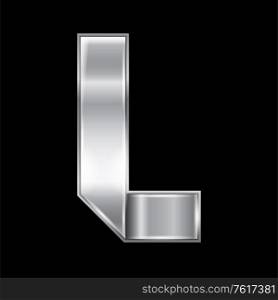New font folded from a silver metallic ribbon. Trendy roman alphabet, gray vector letter L on a black background, 10eps. Letter from metal silver ribbon