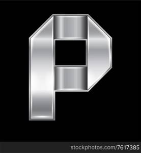 New font folded from a silver metallic ribbon. Trendy roman alphabet, gray vector letter P on a black background, 10eps. Letter from metal silver ribbon
