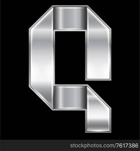 New font folded from a silver metallic ribbon. Trendy roman alphabet, gray vector letter Q on a black background, 10eps. Letter from metal silver ribbon