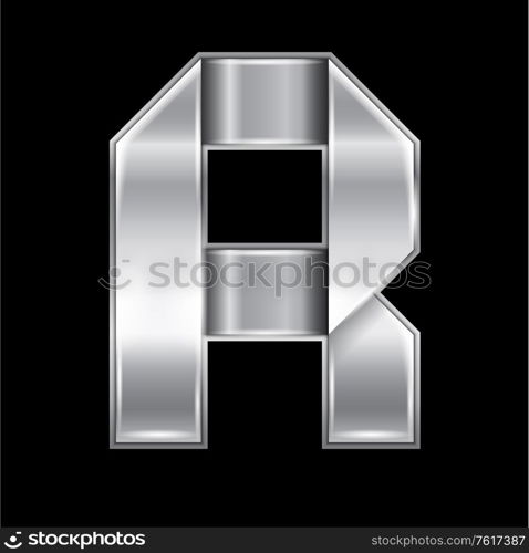 New font folded from a silver metallic ribbon. Trendy roman alphabet, gray vector letter R on a black background, 10eps. Letter from metal silver ribbon