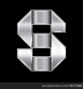 New font folded from a silver metallic ribbon. Trendy roman alphabet, gray vector letter S on a black background, 10eps. Letter from metal silver ribbon