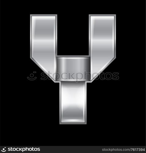 New font folded from a silver metallic ribbon. Trendy roman alphabet, gray vector letter Y on a black background, 10eps. Letter from metal silver ribbon