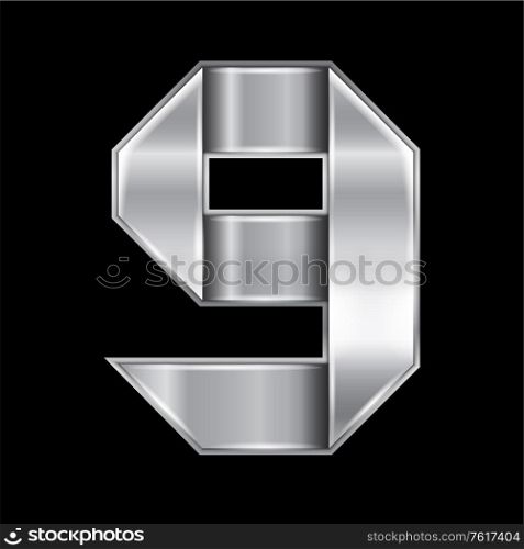 New font folded from a silver metallic ribbon. Trendy alphabet, gray vector number Nine on a black background, 10eps. Letter from metal silver ribbon