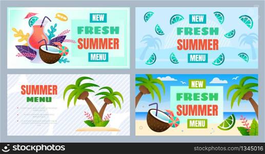 New Fresh Summer Menu Advertising Banner Set. Cocktail and Food for Resort Cafe, Beach Bar and Restaurants. Vector Tropical Island Illustration in Flat Style. Promotion Poster Templates. New Fresh Cocktail and Food Menu Resort Banner Set