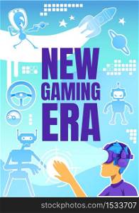 New gaming era poster flat vector template. Boy in headset. Interactive cyberspace. Brochure, booklet one page concept design with cartoon characters. Augmented reality experience flyer, leaflet. New gaming era poster flat vector template