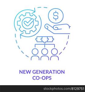 New generation co-ops blue gradient concept icon. Offering value-added products abstract idea thin line illustration. Cooperative model. Isolated outline drawing. Myriad Pro-Bold font used. New generation co-ops blue gradient concept icon