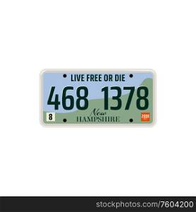 New Hampshire car registration sign with number and figures isolated. Vector vehicle license plate. Vehicle license plate of New Hampshire state, USA