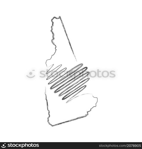 New Hampshire US state hand drawn pencil sketch outline map with heart shape. Continuous line drawing of patriotic home sign. A love for a small homeland. T-shirt print idea. Vector illustration.. New Hampshire US state hand drawn pencil sketch outline map with the handwritten heart shape. Vector illustration