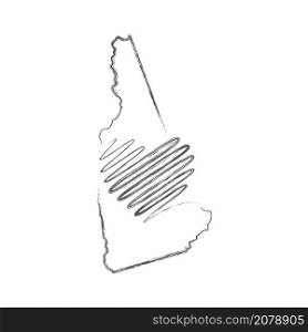 New Hampshire US state hand drawn pencil sketch outline map with heart shape. Continuous line drawing of patriotic home sign. A love for a small homeland. T-shirt print idea. Vector illustration.. New Hampshire US state hand drawn pencil sketch outline map with the handwritten heart shape. Vector illustration