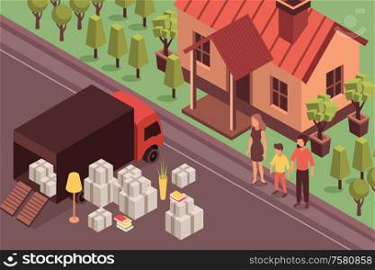 New home isometric composition with outdoor scenery and family in front of house with delivery truck vector illustration
