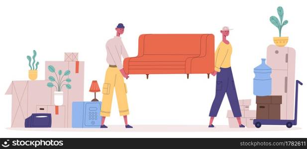 New house moving. Relocation service characters carrying sofa and household boxes, movers pulling furniture vector illustration. People moving new house. Loaders holding couch into apartment. New house moving. Relocation service characters carrying sofa and household boxes, movers pulling furniture vector illustration. People moving new house