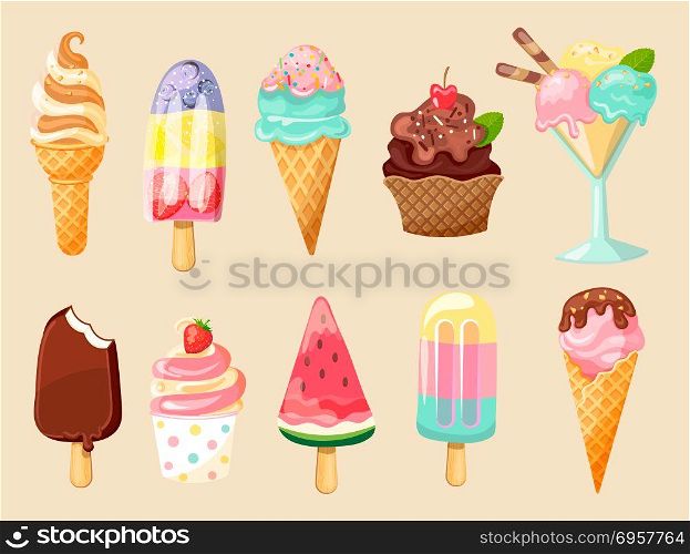 New Ice cream collection of summer delicious.. New Cartoon Ice cream collection of summer delicious 2018 in flat style. 10 tasty colorful sundaes, gelatos. Vector illustration.