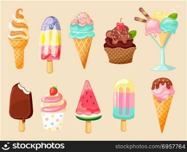 New Ice cream collection of summer delicious.. New Cartoon Ice cream collection of summer delicious 2018 in flat style. 10 tasty colorful sundaes, gelatos. Vector illustration.