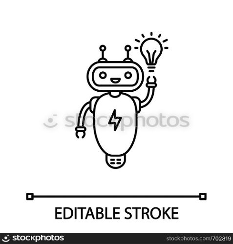 New idea chatbot linear icon. Thin line illustration. Talkbot with lightbulb. Virtual assistant. Modern robot. Online support chat bot. Contour symbol. Vector isolated outline drawing. Editable stroke. New idea chatbot linear icon