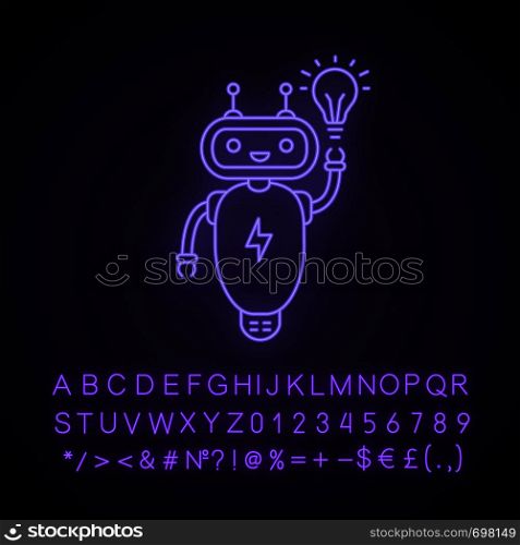 New idea chatbot neon light icon. Talkbot with lightbulb. Virtual assistant. Modern robot. Online support chat bot. Glowing sign with alphabet, numbers and symbols. Vector isolated illustration. New idea chatbot neon light icon