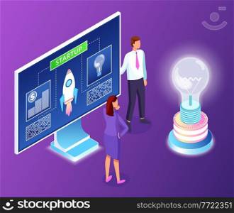 New idea concept. Startup project at screen of computer. Thoughtful woman and man wearing costume showing presentation. Team launch rocket of business. Investments in new deal, money for idea. Startup project at screen of computer, new idea, thoughtful worker, money for idea, business