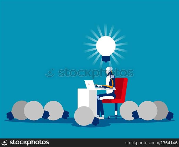 New idea for startup. Robot working. Concept business light bulb vector illustration.