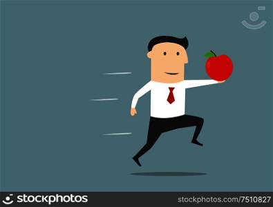 New idea, innovation and business success concept. Cartoon executive businessman running with red apple as a symbol of new idea. Executive businessman running with new idea