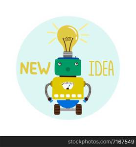 New idea vector concept illustration with cute boy robot, round emblem. Cute boy robot new idea emblem