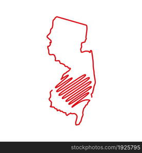 New Jersey US state red outline map with the handwritten heart shape. Continuous line drawing of patriotic home sign. A love for a small homeland. T-shirt print idea. Vector illustration.. New Jersey US state red outline map with the handwritten heart shape. Vector illustration