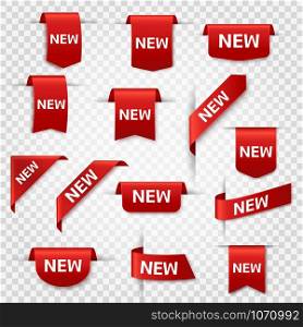 New labels. Newest product red banner ribbons, price shopping tags. Promotion sale badges, special offer stickers vector exclusive bookmark set. New labels. Newest product red banner ribbons, price shopping tags. Promotion sale badges, special offer stickers vector set