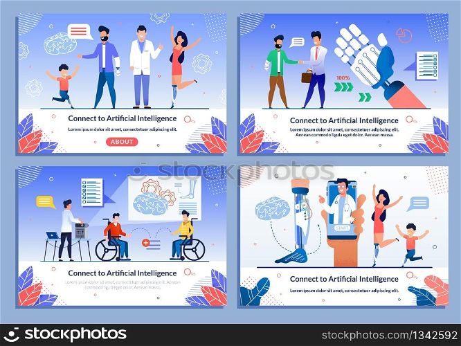 New Life with Artificial Intelligence Bionic Prosthetic Limb Banner Set. Futuristic AI Technologies. Motor Activity Recovery and Rehabilitation. Modern Laboratory Webpage. Vector Cartoon Illustration. New Life with Bionic Prosthetic Limb Banner Set