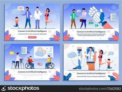 New Life with Artificial Intelligence Bionic Prosthetic Limb Banner Set. Futuristic AI Technologies. Motor Activity Recovery and Rehabilitation. Modern Laboratory Webpage. Vector Cartoon Illustration. New Life with Bionic Prosthetic Limb Banner Set