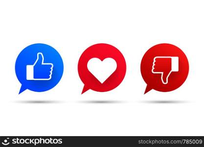 New like and love and dislike icons. Printed on paper. Social media. Vector stock illustration.