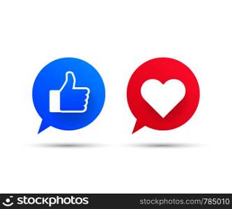 New like and love icons. Printed on paper. Social media. Vector stock illustration.