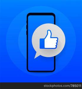 New like icon on smartphone. Printed on paper. Social media. Vector stock illustration.