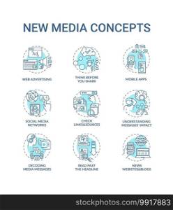 New media concept icons set. Media literacy idea thin line RGB color illustrations. Checking links and sources. Thinking before sharing. Vector isolated outline drawings. Editable stroke. New media concept icons set