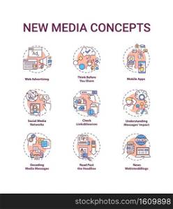 New media concept icons set. Media literacy idea thin line RGB color illustrations. Web advertising. Mobile apps. Thinking before sharing. Vector isolated outline drawings. Editable stroke. New media concept icons set