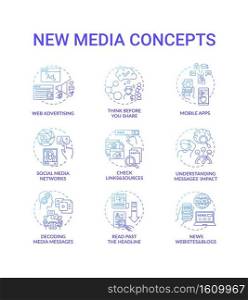 New media concept icons set. Media literacy idea thin line RGB color illustrations. Web advertising. Mobile apps. News websites and blogs. Thinking before sharing. Vector isolated outline drawings. New media concept icons set