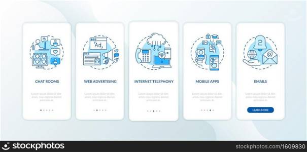 New media kinds onboarding mobile app page screen with concepts. Chatroom, internet telephony walkthrough 5 steps graphic instructions. UI vector template with RGB color illustrations. New media kinds onboarding mobile app page screen with concepts