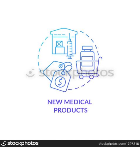 New medical products concept icon. Humanitarian aid technology. Healthcare industry and disease outbreak response abstract idea thin line illustration. Vector isolated outline color drawing.. New medical products concept icon.