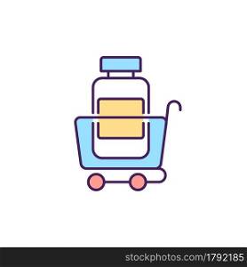 New medical products donation RGB color icon. Humanitarian aid and unused disposable supplies in original packaging. Healthcare delivery. Isolated vector illustration. Simple filled line drawing. New medical products donation RGB color icon.