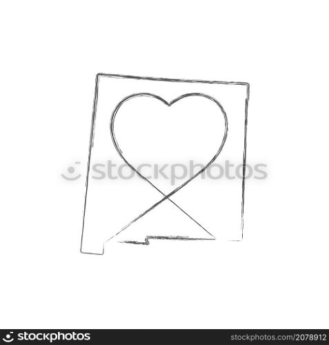 New Mexico US state hand drawn pencil sketch outline map with heart shape. Continuous line drawing of patriotic home sign. A love for a small homeland. T-shirt print idea. Vector illustration.. New Mexico US state hand drawn pencil sketch outline map with the handwritten heart shape. Vector illustration