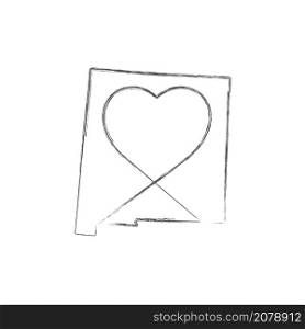 New Mexico US state hand drawn pencil sketch outline map with heart shape. Continuous line drawing of patriotic home sign. A love for a small homeland. T-shirt print idea. Vector illustration.. New Mexico US state hand drawn pencil sketch outline map with the handwritten heart shape. Vector illustration